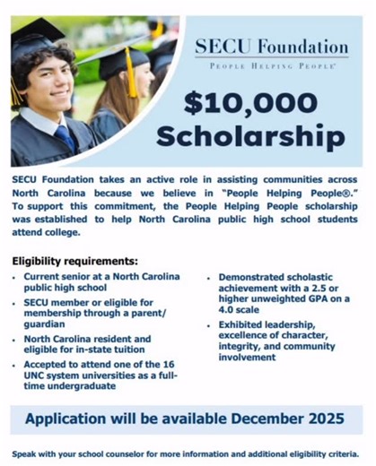 Panther Creek Student Services on Instagram: "The application for SECU Foundation Scholarship is open! All directions are posted in Canvas Announcements! All materials must be submitted by February 18th at 3pm! Please reach out to Ashley Mathes with any questions at amathes@wcpss.net"