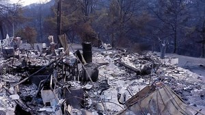 Napa, California, USA. 22 August 2020. Aerial: Burnt down building. LNU Lightning Complex Fire that ravaged the Napa, Sonoma, Lake and Solano counties.