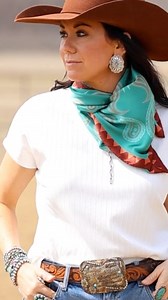 Style that basic top with a smaller silk wild rag like this Silk Riley by Gilliland H&C Wild Rags! Try it in your hair too! #Wildragstyle #wildrags #westernfashion | Gilliland H&C Ranch Wear