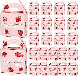 24 Pack Strawberry Birthday Party Favor Sweet Strawberry Treat Box 6.1 X 3.9 X 8.3 In Fruit Gift Candy Box Strawberry Theme Goodie Present Box for Sweet One Birthday Baby Shower Decor Supplies