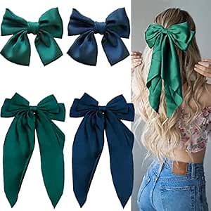 BOYIVI 4 Pieces HairBowClips Silky Satin Hair Bows for Women Girls Large Bow Hair Slides Metal Clips Hair Accessories (Green, Navy Blue, 15 x 7.87 inches, 5.12 x 7.87 inches)