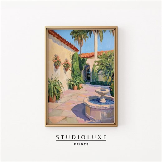 Vintage Mediterranean Courtyard Painting - Printable Spanish Colonial Decor, Rustic Warm Sunlit Scene, Digital Wall Art Download 529 - Etsy