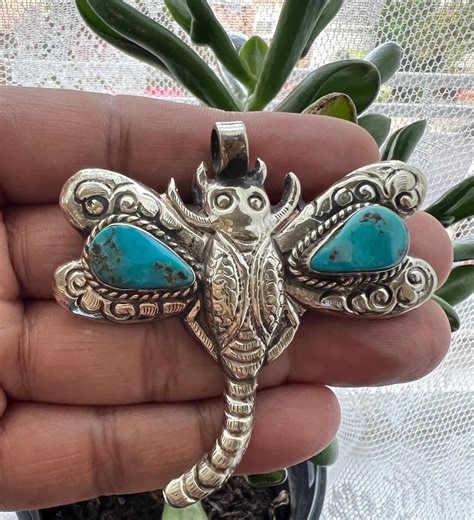 Dragonfly Carved With Natural Turquoise Pendant, Handcrafted, Tibetan Repousse Silver, 2.5x2.5 Inches (P-96) - Etsy