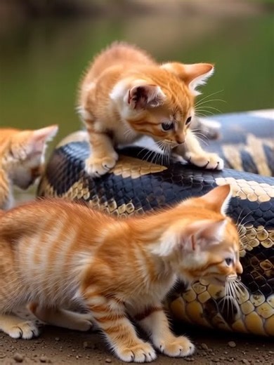 Golden Kittens Play With a Giant Python?! 😱🐍🐱