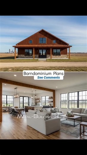 Metal Building Homes on Instagram: "Discover this rustic-modern barndominium with bright, open living areas! ❤️"