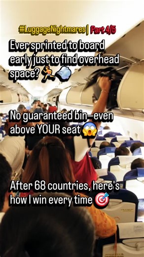 Travel Hacks + Tips | 🚢 🏨 ✈️ 💳 | 68 Countries 🌍 on Instagram: "LUGGAGE NIGHTMARE #4: The Overhead Bin Hunger Games 🥊 Ever sprinted to board early just to find overhead space? 🏃💨 No guaranteed bin—even above YOUR seat 😱 After 68 countries, here's how I win every time 🎯 --- THE REALITY: 📢 Since Airlines started charging for checked bags 🧳 Result: EVERYONE brings carry-ons now 🚫 Overhead bins can't fit everything if plane is full 😰 No guaranteed space—even directly above your seat ⏰ Th