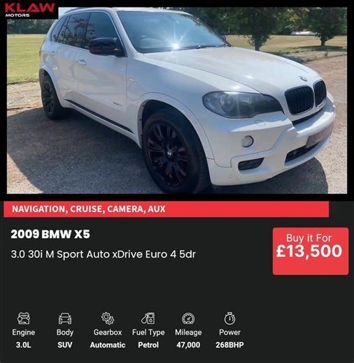BMW X5 3.0 30i M Sport Auto xDrive – ULEZ FREE 📍 KLAW MOTORS 📝 Reg: LK59 OBM ✅ Warranted Mileage ✅ Full Service History ✅ ULEZ Compliant Key Features: • 3.0 Petrol Automatic • xDrive All-Wheel Drive • M Sport Model • Satellite Navigation • Cruise Control • Reverse Camera • Front & Rear Parking Sensors • Heated Leather Seats • Electric Seats with Memory • 19” Alloy Wheels • Xenon Headlights with Headlamp Washers • Automatic Headlights • Electric Windows • Steering Wheel Mounted Controls • AUX I