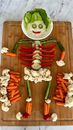Healthy Family Project on Instagram: "💀🕸️ Need a super easy, last-minute Halloween party idea? This Skeleton Veggie Board is a total crowd-pleaser — and it’s ready in minutes! 🎃🥕 All you need are fresh-cut veggies like cucumbers, carrots, and bell peppers to build your skeleton, plus your favorite dip for dunking. 🥒🫑 Perfect for: ✨ Kid friendly party treat ✨ Pre-trick-or-treat snacks ✨ Halloween potlucks It’s festive, kid-friendly, and dietitian-approved — a healthy way to balance out all 