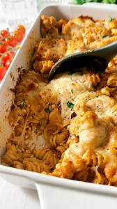 Everything is stirred together then baked, meaning this Rotini Pasta Bake doesn’t require any layering or special steps. It’s an easy and hearty weeknight dinner! 🍝 | Live Eat Learn