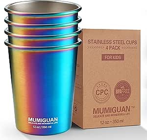 Stainless Steel Cups for Kids 12oz/350ml (4 Pack), Children's Rainbow Electroplating Cups, Camping Stainless Steel Cups, Stackable Metal Drinking Glasses, Toddler Stainless Steel Tumbler, BPA Free