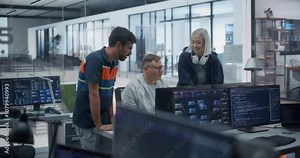 Two Diverse Multiethnic Colleagues Having a Conversation with Their Team Manager. Female Designer and Indian Programmer Discussing Their Teamwork in Technological Office with Glass Walls