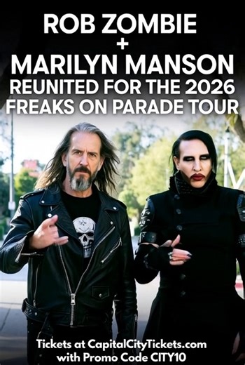 🤘 The shock rock legends are back! Rob Zombie and Marilyn Manson reunite for the 2026 Freaks on Parade Tour with massive support acts and must-see live dates nationwide. #FreaksOnParade #RobZombie #MarilynManson #shockrock https://www.capitalcitytickets.com/blog/rob-zombie-and-marilyn-manson-reunite-for-2026-freaks-on-parade-tour-dates-venues-support-acts/ | CapitalCityTickets.com
