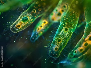 Close-up of a euglena colony, focusing on the greenish hue and flagella, through differential interference contrast microscopy