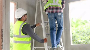 Safety working at workplace, Indian or Hispanic engineer or foreman climbing to house ceiling using water level meter equipment check incline degree, construction worker hold ladder to safe colleague