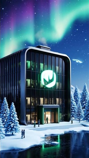 Nvidia logo-shaped building with Aurora borealis night glow