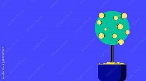 Animated illustration of a money tree with coins. Symbol of financial growth and prosperity through investment.