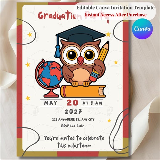 Editable Owl Graduation Invitation Template Canva | Kids Graduation Party Invite Printable | School Grad Invite Instant Download - Etsy