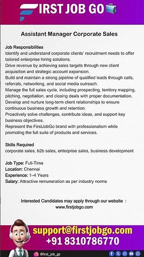 Job Openings : Assistant Manager – Corporate Sales | First Job Go