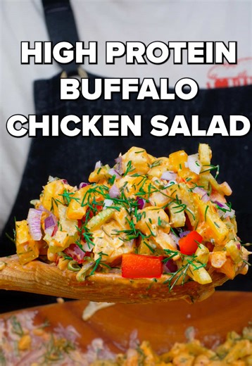 High Protein Buffalo Chicken Meal Prep Salad Servings: 5 large dinner-sized portions Store in an airtight container and use within 5-7 days. Salad Ingredients: 2 lbs chicken breast, seared (900g total) *see note 1 tbsp neutral oil (15ml) 2 15 oz cans of chickpeas, drained/rinsed (about 800g after draining) 1 large red bell pepper, diced 1 large yellow bell pepper, diced 5 large stalks celery, sliced 1/2 red onion, minced & soaked in water to mellow out 1 bunch dill, minced (about 1 cup minced) S