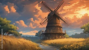 midst thunderstorm, weathered windmill stands beacon calmness, blades turning harmony with howling wind. stream overlay animation