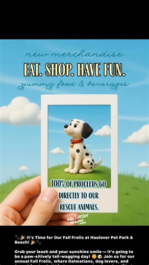 🐾🎉 It’s Time for Our Fall Frolic at Haulover Pet Park & Beach! 🎉🐾 Grab your leash and your sunshine smile — it’s going to be a paw-sitively tail-wagging day! 🌞🐶 Join us for our annual Fall Frolic, where Dalmatians, dog lovers, and furry friends of all kinds come together for a fun-filled day at the dog park! The beach is just steps away for even more sun and sand! 🌴💦 ✨ Enjoy yummy food, refreshing drinks, and exclusive new merchandise — every purchase helps support our Rescue! ❤️ 🐕 Meet