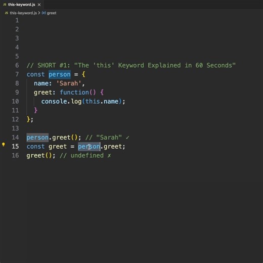 The 'this' keyword in JavaScript explained FAST! ⚡ 🎯 Key Point: 'this' is about HOW you call it, not WHERE you write it! Same function → Different results 🤯 📺 Watch full tutorial: https://youtu.be/lA625K4bvlM 💾 Save this for later! #JavaScript #WebDevelopment #Coding #Programming #LearnToCode #JavaScriptTutorial #CodingTips #WebDev #ThisKeyword #JSShorts #CodeNewbie #TechTips #DeveloperLife #ProgrammingTips #JavaScriptBasics | Fullstack Flow