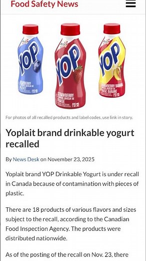 Yoplait brand drinkable yogurt recalled