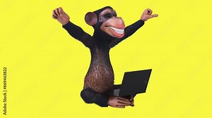Fun 3D cartoon monkey character with a laptop (with alpha channel)