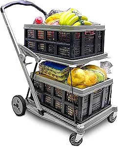 Shopping Cart Folding Utility Trolley with Included 2 Collapsible Storage Crates Folds Flat & Fits in Trunk of Car Great for Shopping Laundry Sports Parking Brake