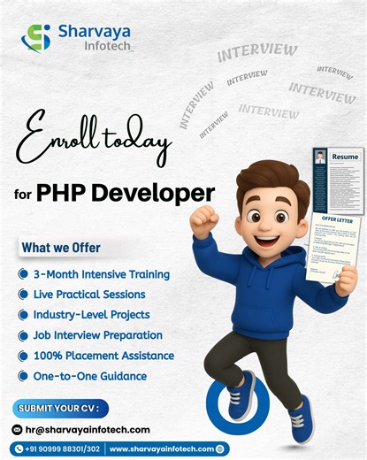 Looking to build a successful career in IT? 🚀 Sharvaya Infotech is here to guide you from training to guaranteed placement! Whether you are struggling to start your journey or want to upgrade your skills, our programs are designed to make you 100% job-ready. ✨ What You’ll Get: • 3-Month Intensive / Fast-Track Training • Live Practical Sessions & Industry-Level Projects • Interview Preparation • One-to-One Guidance • Assured Placement Assistance • Courses: PHP, .NET, C , Networking, Support, Gra