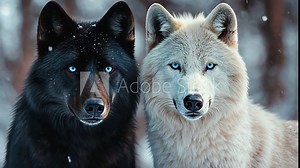 Two majestic stunning wolves, one black and one white, exhibit a close bond while surrounded by winter snow