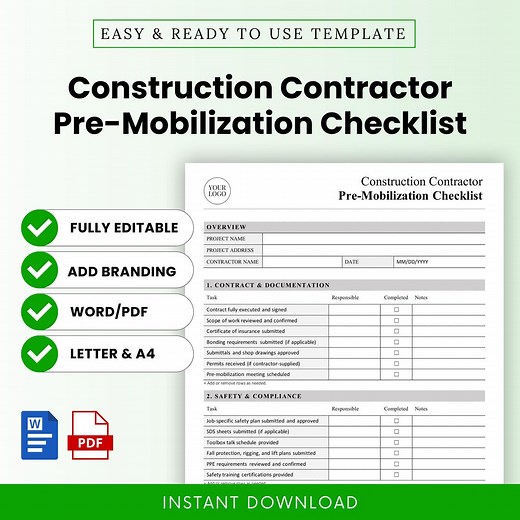 Construction Contractor Pre-mobilization Checklist Template – Word & PDF, A4 + US Letter - Etsy