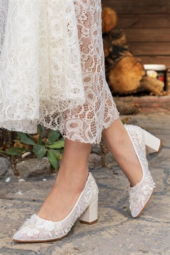 Lace Wedding Shoes for Bride, Ivory Bridal Heels, Handmade Floral Wedding Shoes, Low Block Heel Bridal Pumps - Etsy