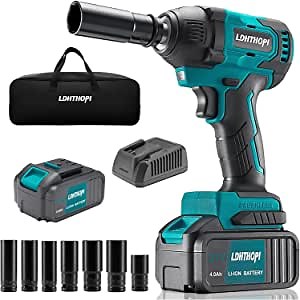 LDHTHOPI 1/2 Inch Cordless Impact Wrench, 21V 370 Ft-lbs High Torque Impact Driver Kit with LED, 4.0Ah Li-ion Batteries with Fast Charger, 7 Sockets, Power Impact Wrench for Car and Home Repairing