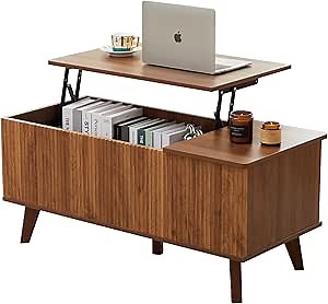 Mid Century Modern Lift Top Coffee Table with Storage for Living Room, Bedroom, Rectangle Low Fluted Coffee Table with Drawers, Contemporary Pop Up Caffe Table Convertible Rising (Walnut)