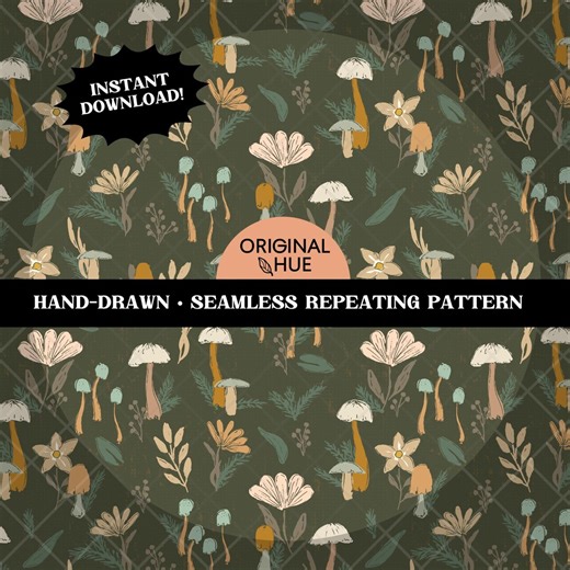 Mushroom Seamless Pattern | Forest Green Botanical Digital Paper | Woodland Floral Nature Design | Hand-drawn Repeating Pattern | Commercial - Etsy