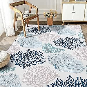 Coastal Area Rug Beach Rugs Non-Slip Nautical Coral Machine Washable Rugs Modern Floor Carpet for Bathroom Laundry Bedroom Living Room, 3x5