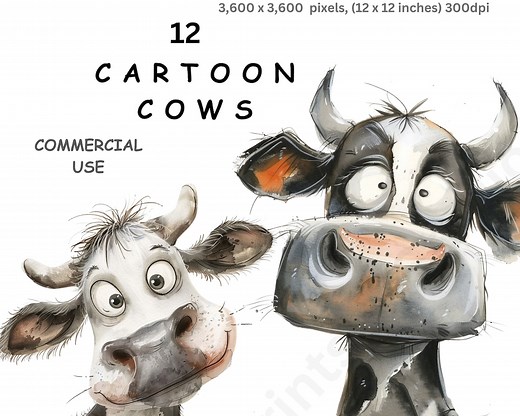 Clipart Cow, 12 PNG Watercolour Images of Cartoon Cows, Farmyard Animals, Transparent Background, Commercial Use. - Etsy