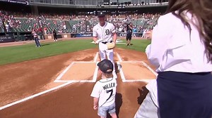 A heartwarming moment as young Kyler Miller follows in his dad's footsteps by throwing today's ceremonial first pitch! #RepDetroit I Fieger Law | FanDuel Sports Network Detroit