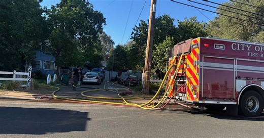 Chico Fire Department, CAL FIRE Butte Unit battling shed and debris pile fire on Humboldt Road in Chico