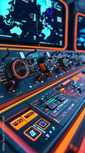A futuristic control panel with illuminated buttons and screens displaying world maps.