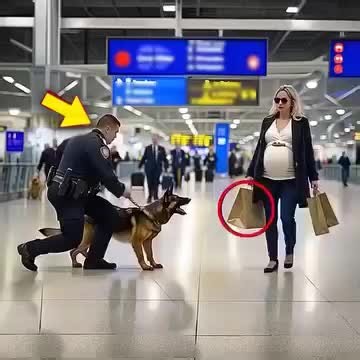 Amid the bustling noise of the airport terminal, with passengers chatting and luggage wheels rolling, a German Shepherd named Rex suddenly erupted into urgent barking. His intense gaze locked onto a young pregnant woman who suddenly stopped, clutching her belly. Her face drained of color as the surrounding crowd fell silent, captivated by the unfolding scene. Rex, a highly trained dog specialized in detecting drugs and explosives, had never been wrong. But what was he sensing in this seemingly v