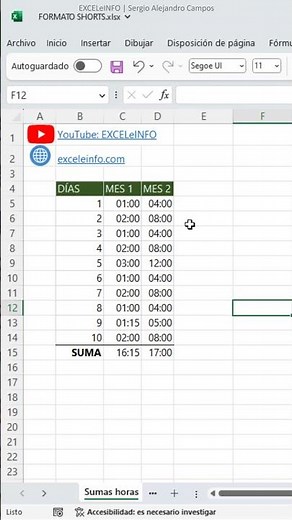 Sumar horas en Excel #shorts
