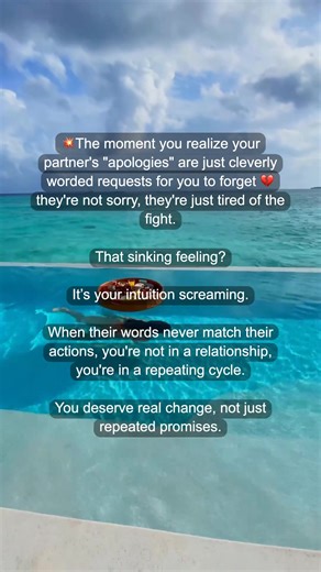 💥 That "sorry" that feels hollow? It's your gut telling you they're not broken up about *what* they did, but about the fact that you're still upset. It’s the "I'm sorry you feel that way" disguised as an apology. The one that sounds like a sigh, not a commitment to change. When their words are just a way to end the argument, and their actions never follow suit, you're stuck in a loop. You're not building a future, you're just replaying the past. You deserve more than just a pause button; you de