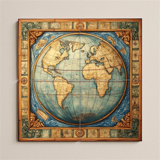 World Map Ceramic Mural – Antique Globe Tile Artwork With Nautical Borders, Cartographic Renaissance Style and Geographic Elegance - Etsy