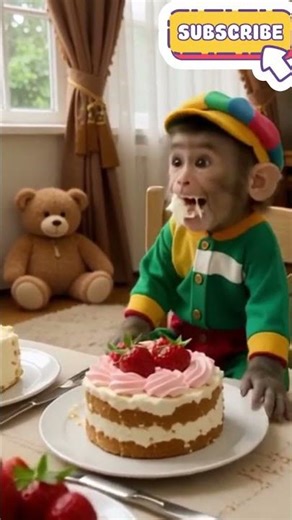 Adorable Monkey Baby Eating Cake and Laughing Cutely
