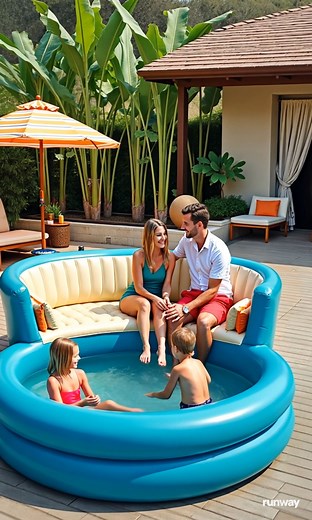 That inflatable pool with a built-in lounge is such a fun and stylish way to enjoy the outdoors! Perfect for relaxing while keeping an eye on the kids. The tropical backdrop and cozy design make it feel like a little resort at home. #OutdoorVibes #LuxuryInflatable #PoolsideRelaxation #SummerFun | Desing spark