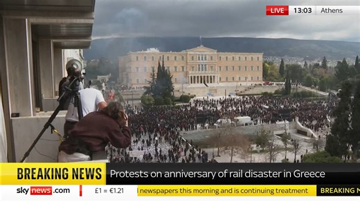 BREAKING: Thousands attend a protest in Syntagma Square, outside the Greek parliament in Athens, marking the second anniversary of Greece’s worst rail disaster. 57 people were killed in the collision in February 2023. 📺 Sky 501, Virgin 602, Freeview 233 and YouTube | Sky News