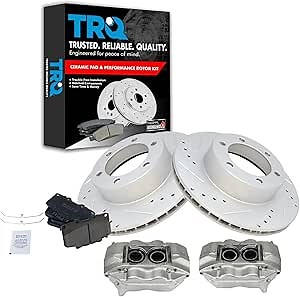 TRQ Front Brake Pad and Rotor Set Ceramic Vented Slotted Drilled Coated Rotors Calipers Compatible with 1996-2000 Toyota 4Runner
