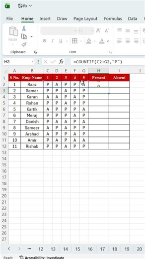 📊Excel Attendance Sheet - Present & Absent Count (COUNTIF Formula)#MSExcel #AttendanceSheet #COUNTIF